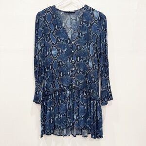 Zara Long Sleeve Blue Snake Print Dress Button Front Long Sleeve Flounce Hem M